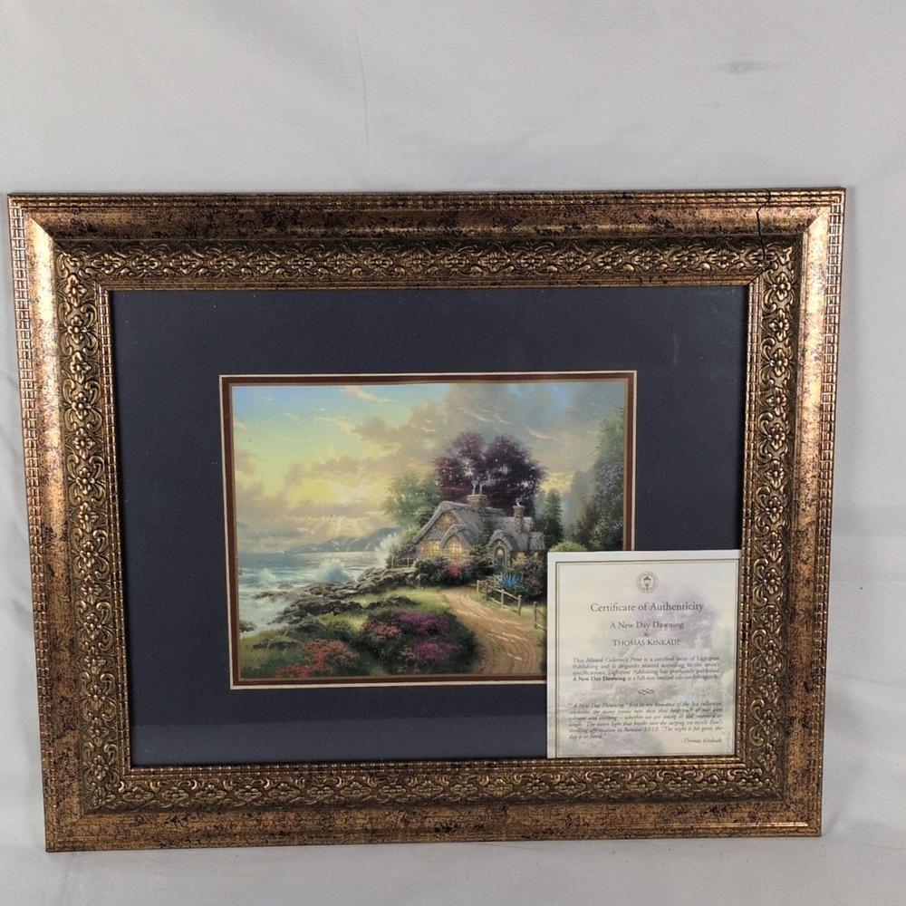 THOMAS KINKADE "A NEW DAY DAWNING" Small Framed Art Accent Print Cottage Nature